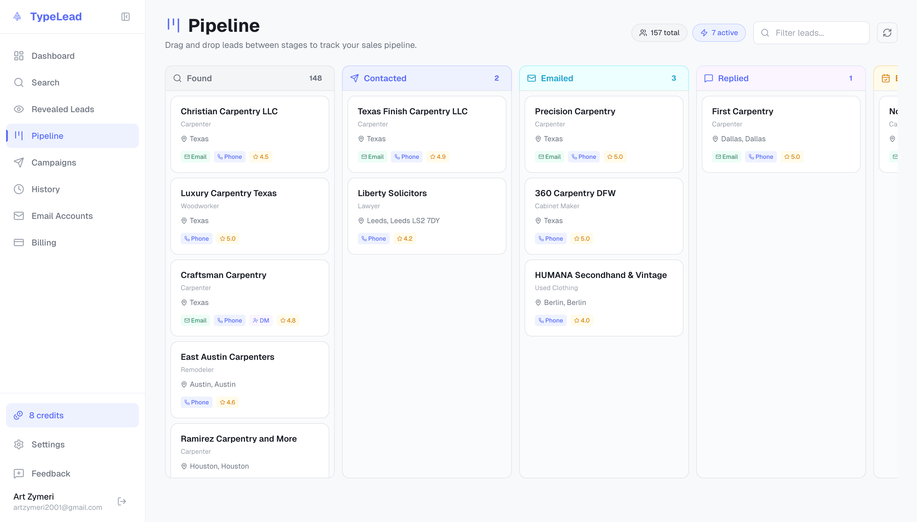 TypeLead Pipeline CRM — Kanban board